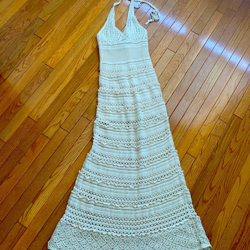 stunning VS fitted crocheted tie back maxi